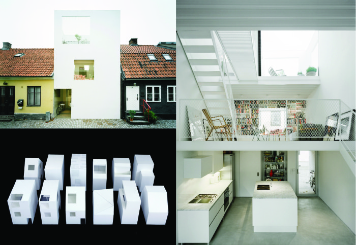 Landskrona town house model variations (below left), exterior view (top left), interior view (right). Elding Oscarson, 2009. Photos: Åke E:son Lindman.