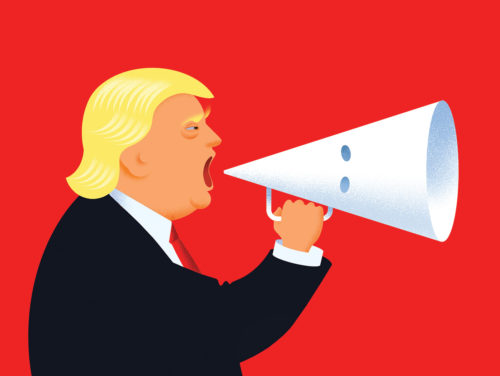 Jon Berkeley illustratsioon „Ditching the Dog Whistle” ajakirjale The Economist, mis kujutab Trumpi vastuseisu mõista hukka neonatside marsid Charlotteville’is. Foto: Bēhance (CC BY-NC-ND 4.0)
