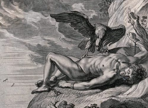 Kalju külge aheldatud Prometheus, kelle maksa käis iga päev nokkimas kotkas. Öösel kasvas maks tagasi. Foto: Wellcome Collection Attribution 4.0 International (CC BY 4.0)