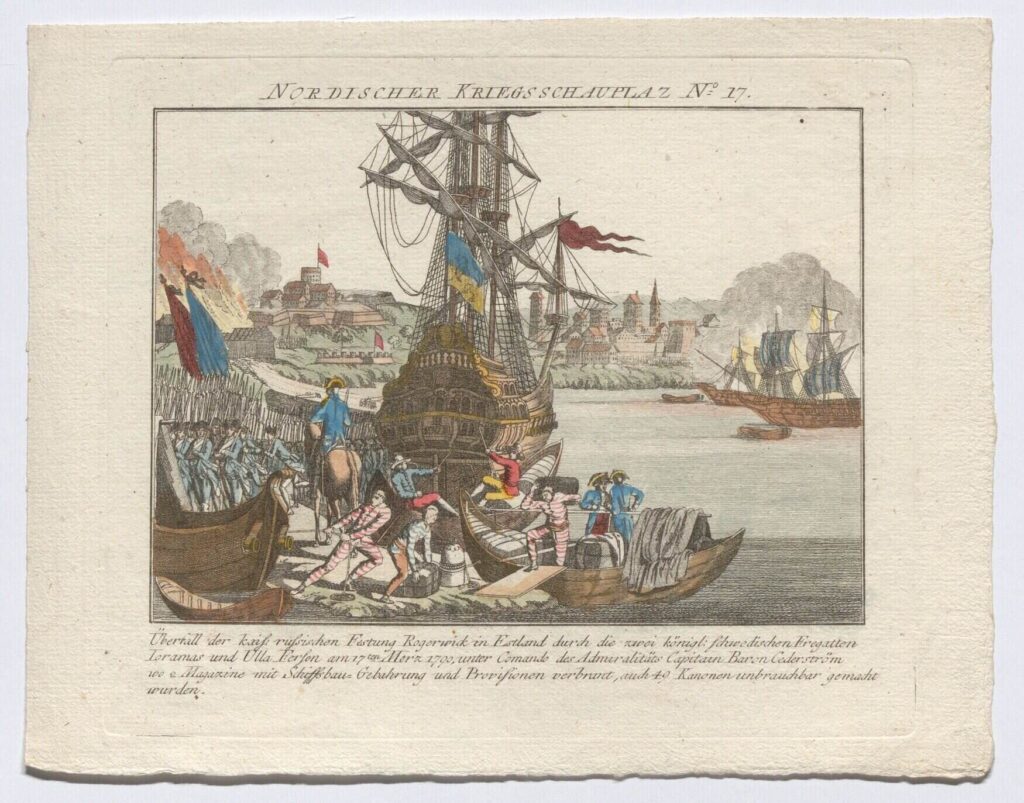 Ulla Fersen, üks kahest Rootsi fregatist, mis 1790. aastal Paldiski vallutasid. Graafiline leht sarjast „Põhjamaade sõjateater”. Allikas: Viini Muuseum