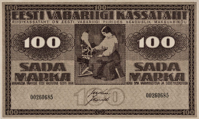 100 marka. Kassatäht. 1919. Kujundaja Theodor Björnström (1890–1959),Tilgmanni trükikoda, Helsingi, Soome. Foto: Eesti Kunstimuuseum