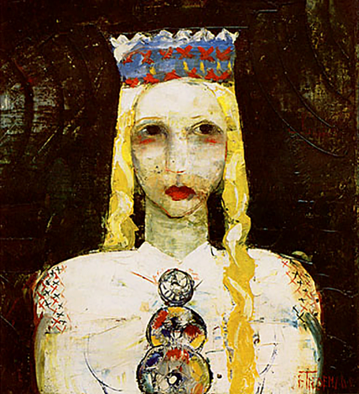 A painting by Jānis Tīdemanis, Girl in a Folk Costume, circa 1930.