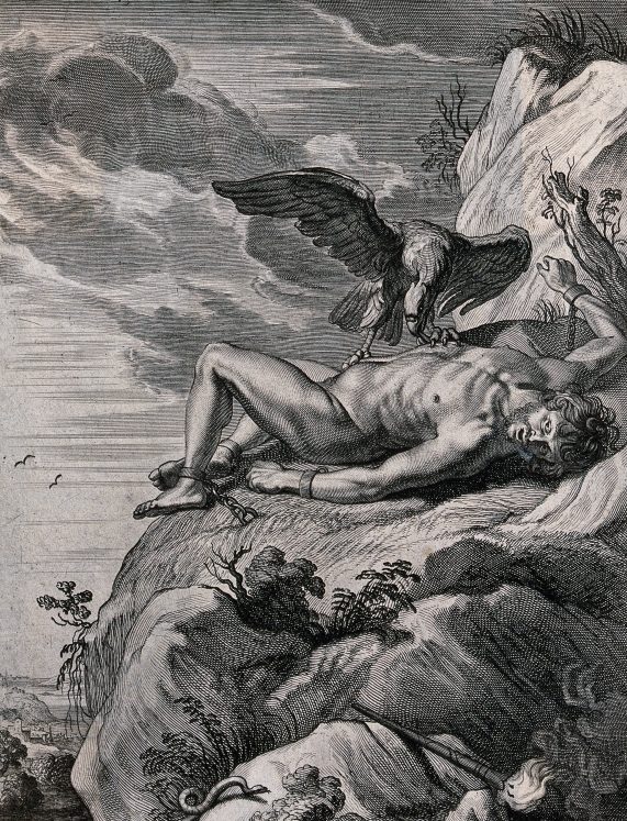 Kalju külge aheldatud Prometheus, kelle maksa käis iga päev nokkimas kotkas. Öösel kasvas maks tagasi. Foto: Wellcome Collection, Attribution 4.0 International (CC BY 4.0)