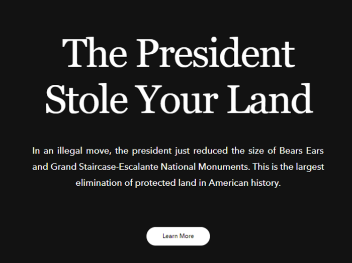 USA vabaõhurõivaste ja -varustuse tootja Patagonia 2017. aasta meediakampaania „The President Stole Your Land”, mis kritiseeris Trumpi otsust vähendada looduskaitsealade territooriumeid. Lisaks annetas firma kogu USA uuest maksukärpest saadud tulu keskkonnaorganisatsioonidele ning kaebas presidendi kohtusse. Rõivabrändi kodulehe kuvatõmmis (04.12.2017)