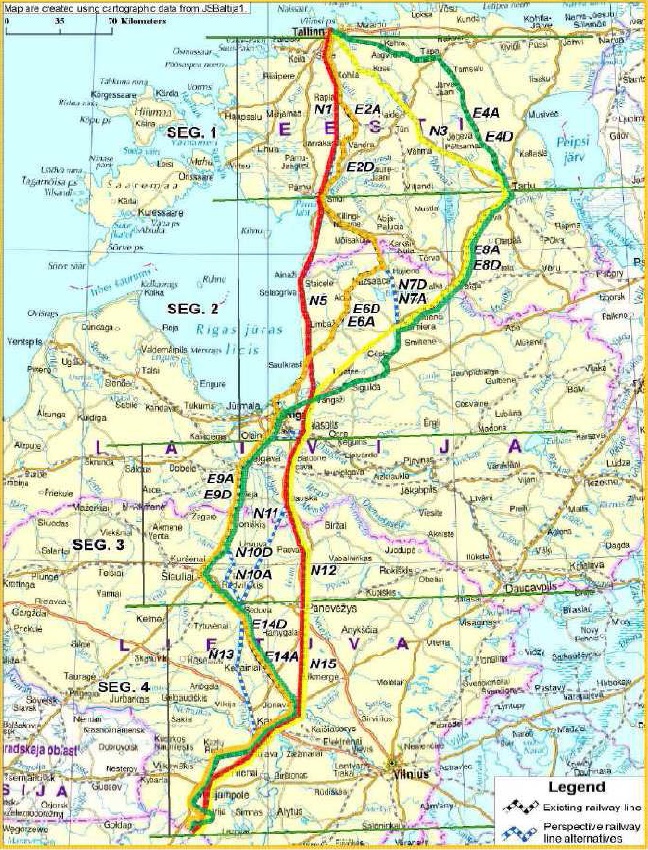 Rail Balticu trassivariandid. Rail Baltic trassikoridori kavandamise oluliseks aluseks on 2011. aasta AECOM-i tasuvus-teostatavuse uuring. Selle alusel on valitud punasega tähistatud liin.