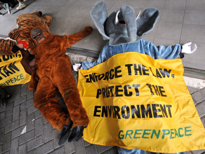 Palmiõli tootmise pärast murelikud Greenpeace’i aktivistid avaldamas meelt Indoneesia keskkonnaministeeriumi ees. Foto: Bay Ismoyo / AFP