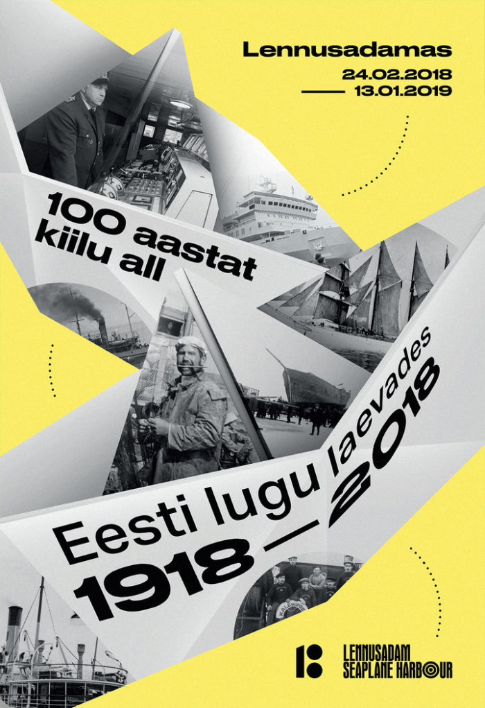 Poster Meremuuseumi näitusele „100 aastat kiilu all. Eesti lugu laevades 1918–2018”. Disain: Joonas Tensing