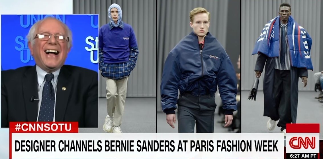 Balenciaga „Berncore” ja Bernie Sandersi reaktsioon küsimusele, kas ta oskas arvata, et temast saab kunagi moeikoon. Foto: YouTube’i kuvatõmmis