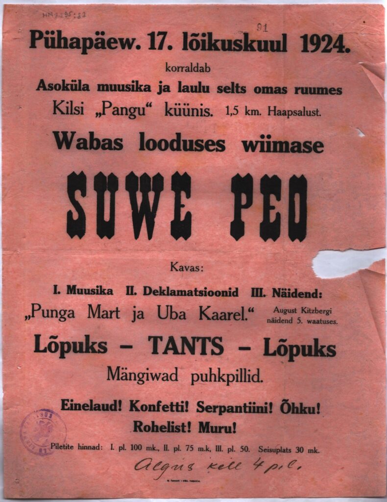 Reklaamkuulutus Asuküla muusika- ja lauluseltsi suvelõpupeole Kiltsi Pangu küünis 17. augustil 1924, Haapsalu Linnavalitsuse kaust. Foto: Haapsalu ja Läänemaa Muuseumid SA