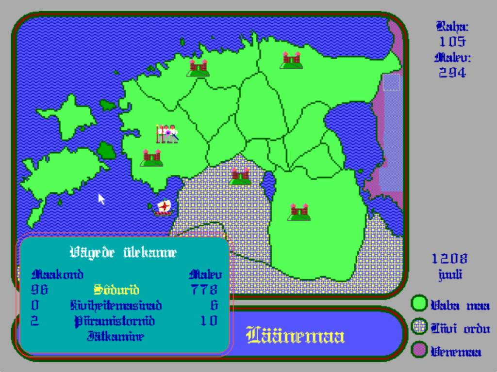 „Lembitu“ põhiline mänguaken. Ristisõdijad on hõivanud Sakala maakonna.